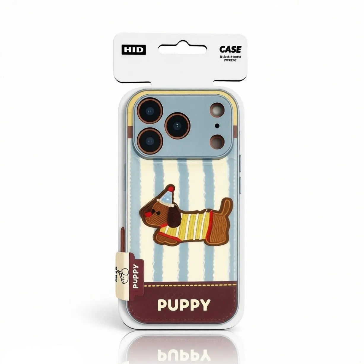 Frontal view of the CasePoppi Party Time Pup phone case in its official brand retail box.