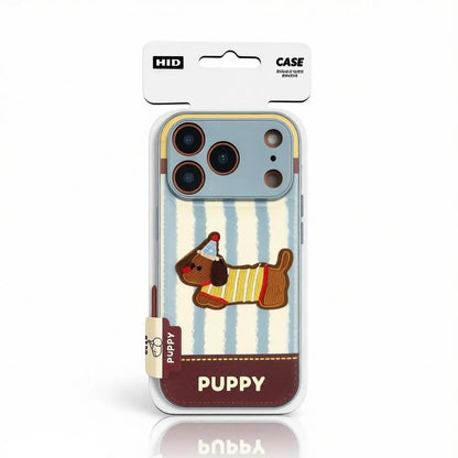 Frontal view of the CasePoppi Party Time Pup phone case in its official brand retail box.