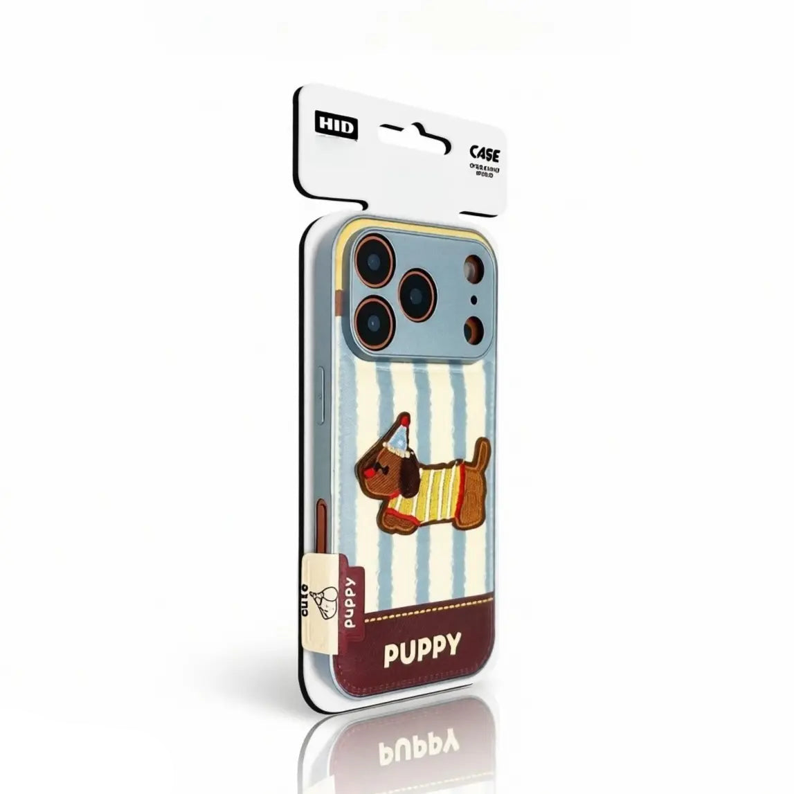 Festive embroidered puppy with a party hat on a light blue and white stripe phone case.