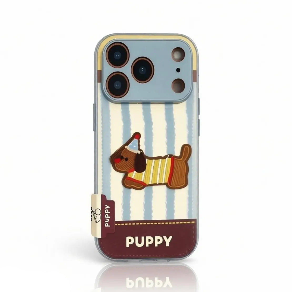 CasePoppi phone case featuring a cute puppy wearing a party hat on a blue striped background.