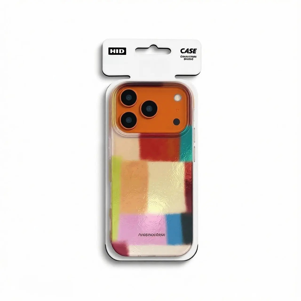 Frontal packaging view of the CasePoppi Pastel Haze phone case with its dreamy multi-color block pattern.