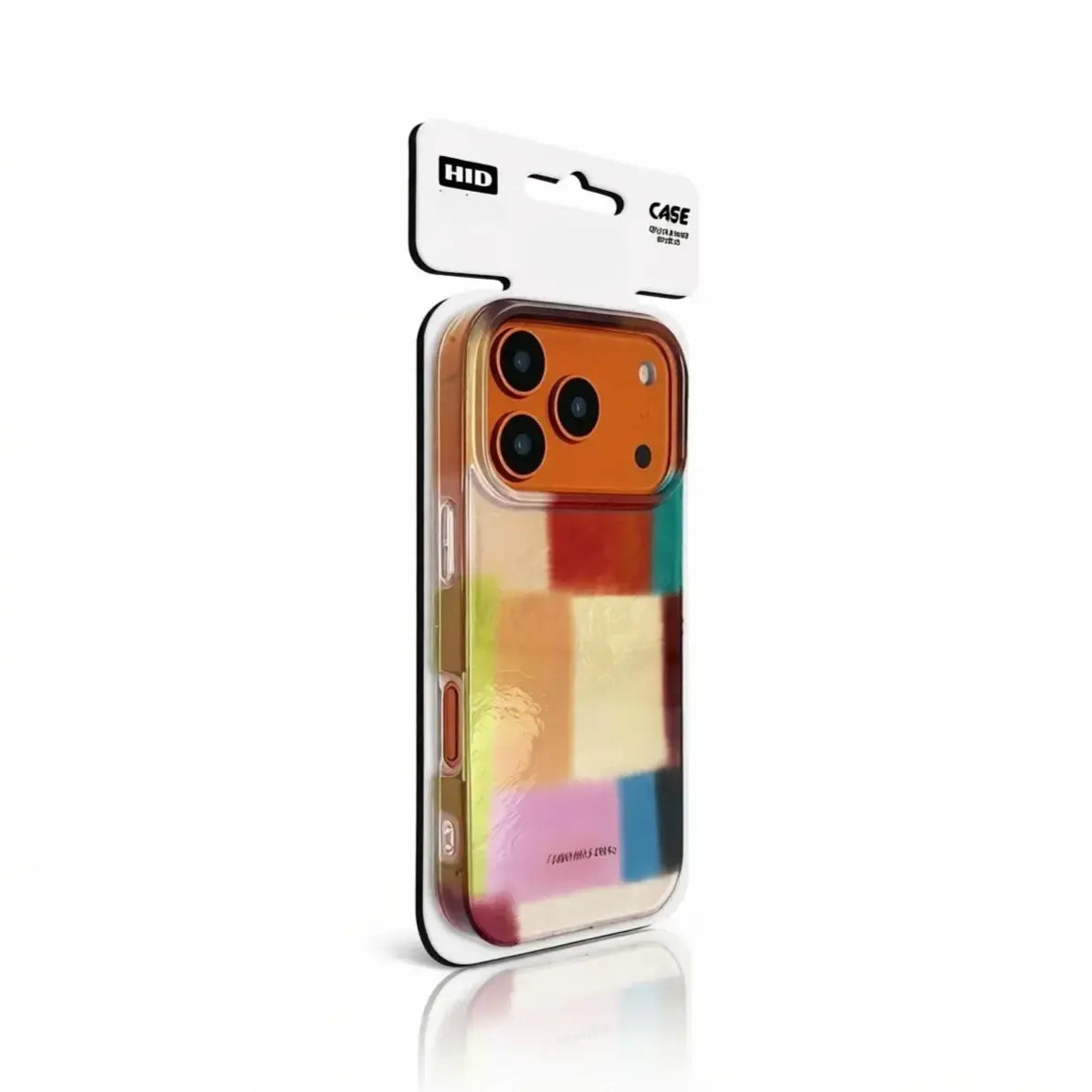 Side-angle view of the CasePoppi Pastel Haze phone case showing its slim profile and retail packaging.