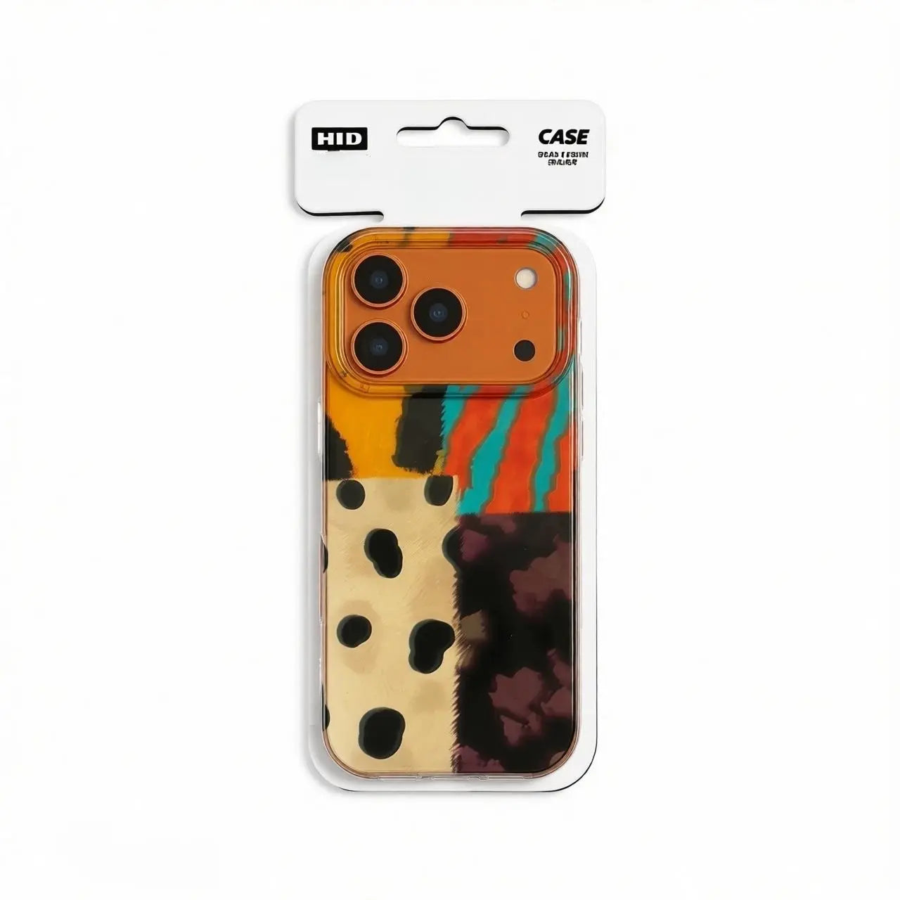 Retail-ready CasePoppi Patchwork Soul phone case with artistic animal print collage and orange accents.