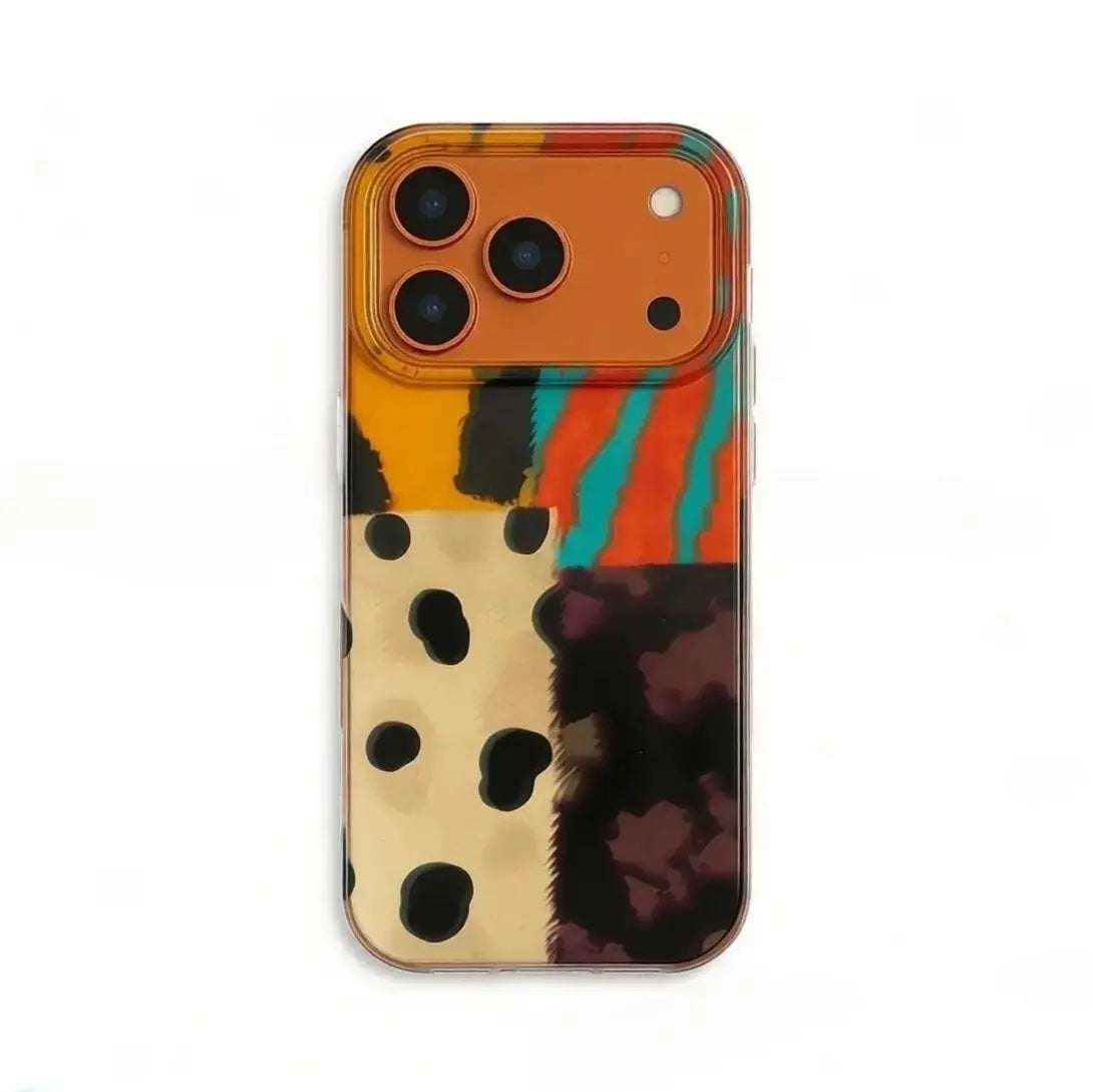 CasePoppi vibrant phone case featuring a bold patchwork of leopard spots, tiger stripes, and solid colors with an orange camera ring.