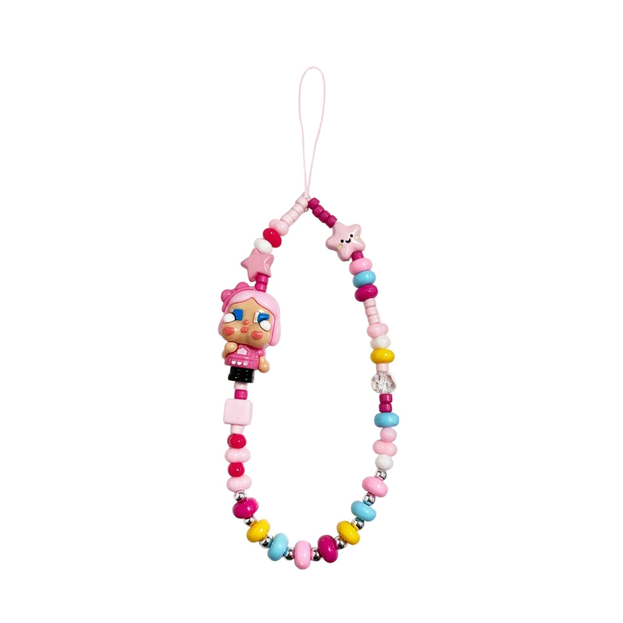 CasePoppi handcrafted beaded phone strap featuring a cute pink-haired girl character, smiling star charms, and a vibrant mix of pink, blue, and yellow beads.