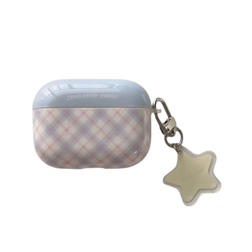 Side view of The Sweet Charm Grid Case Blue, showing the precise fit and the dangling silver star charm on the quilted plaid AirPods cover.