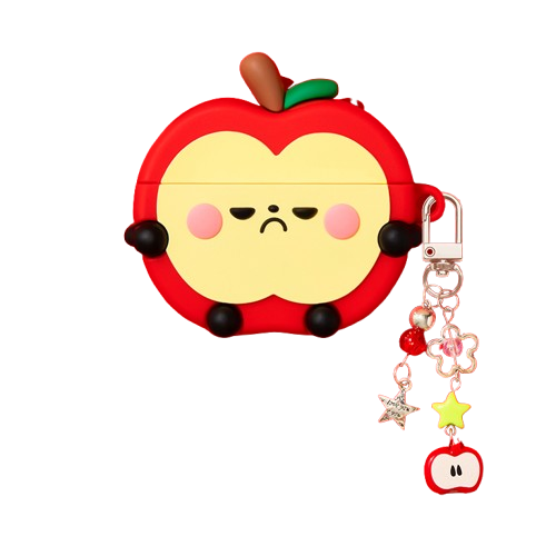 CasePoppi Cute Red Apple AirPods Case with charm, grumpy face design with attached silver keychain, star, and red apple pendants.