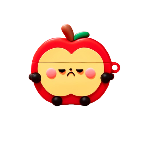 CasePoppi Kawaii Red Apple AirPods Case, featuring a cute grumpy face, rosy cheeks, and black hands, 3D cartoon style.