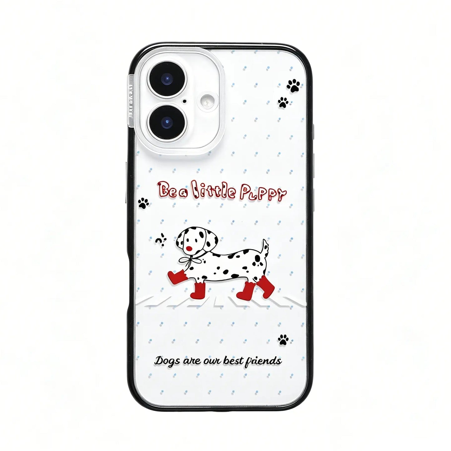 CasePoppi aesthetic phone case featuring a cute Dalmatian dog wearing red boots walking through snow.