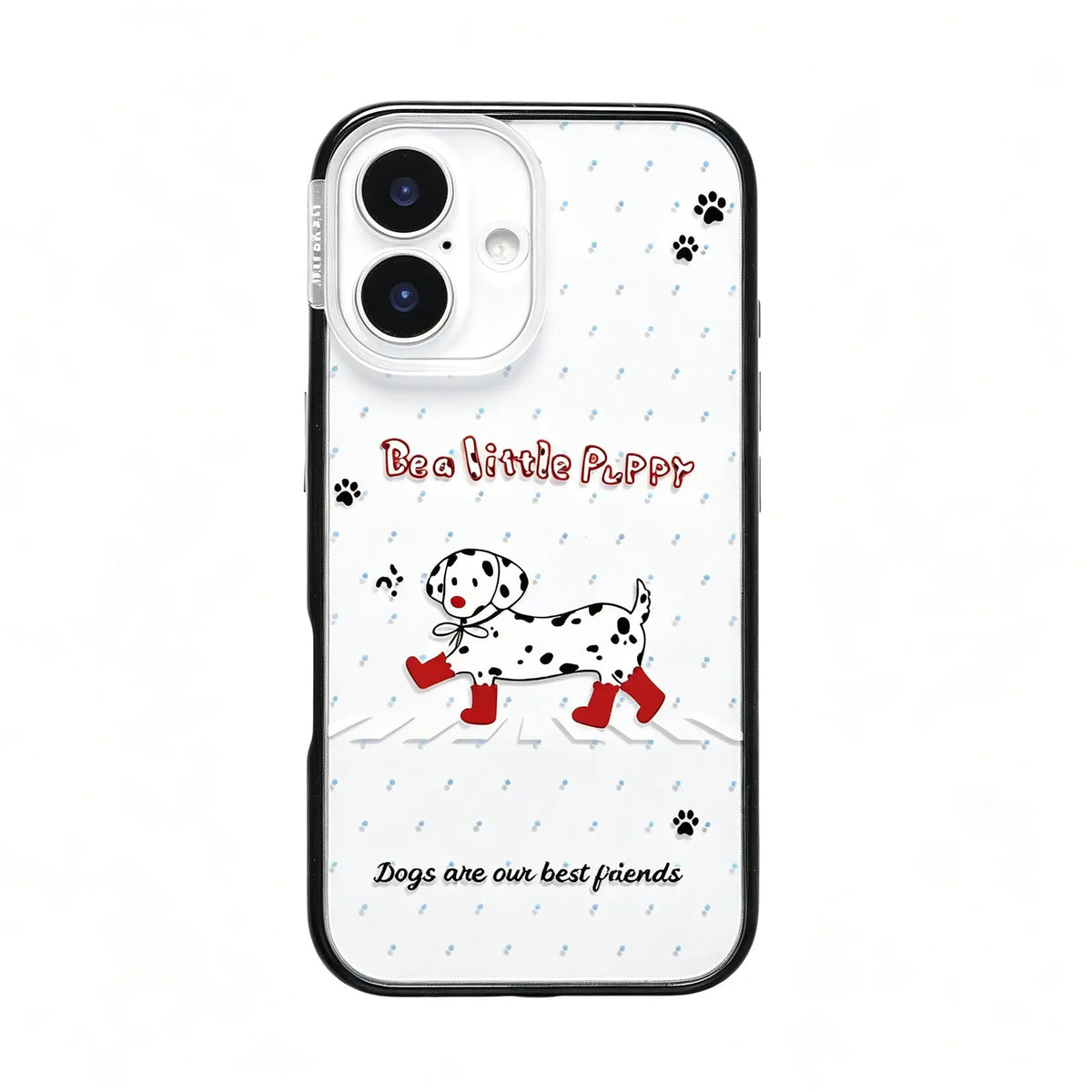 CasePoppi aesthetic phone case featuring a cute Dalmatian dog wearing red boots walking through snow.