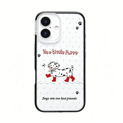 CasePoppi aesthetic phone case featuring a cute Dalmatian dog wearing red boots walking through snow.