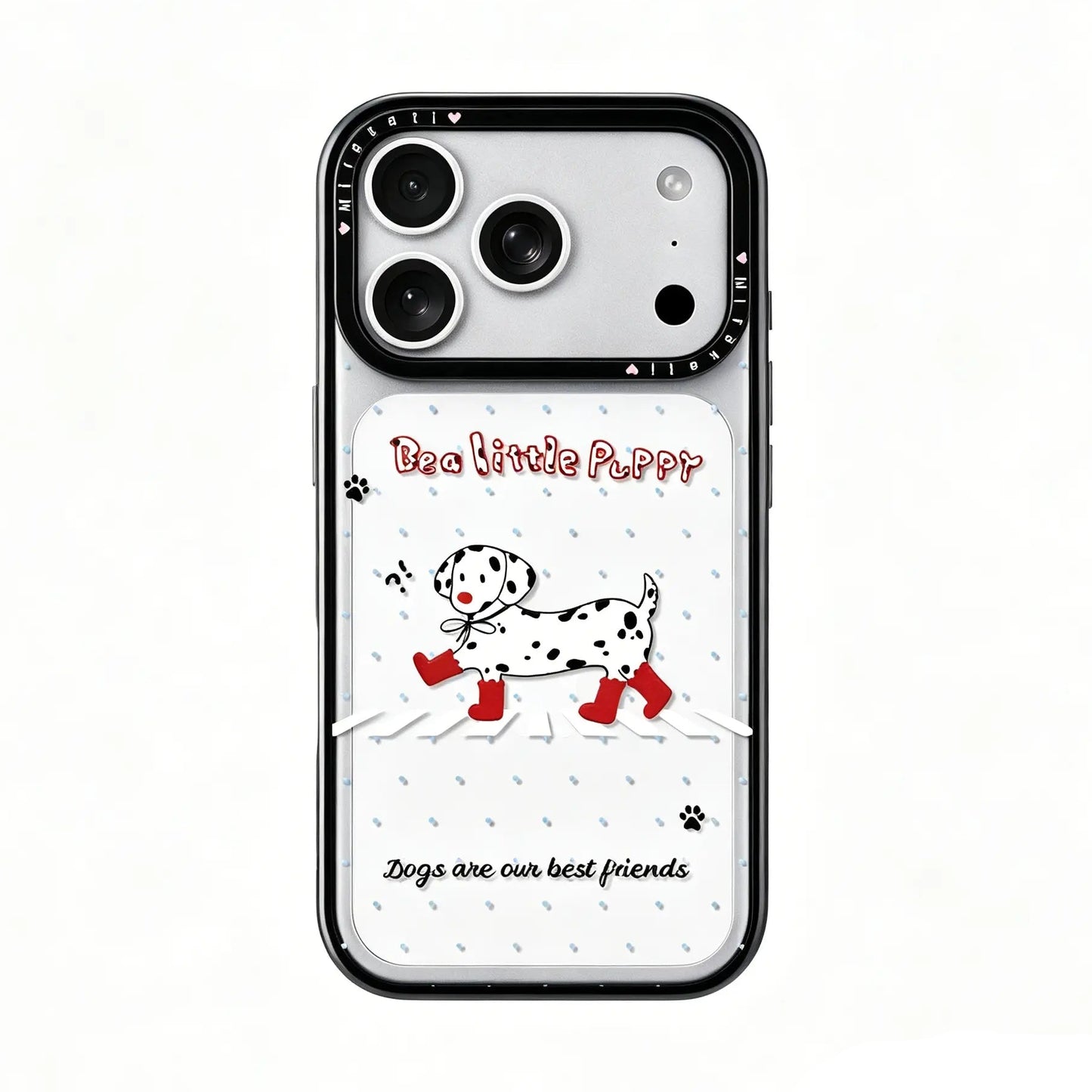 Close-up detail of the CasePoppi phone case featuring a high-quality illustration of a Dalmatian in red boots.