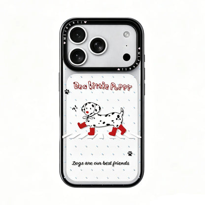 Close-up detail of the CasePoppi phone case featuring a high-quality illustration of a Dalmatian in red boots.
