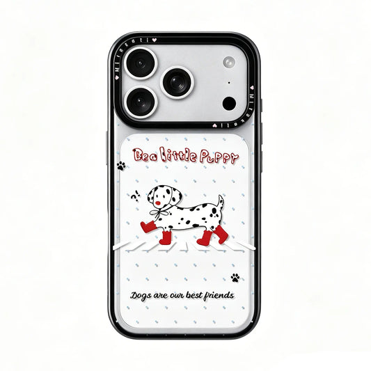 Close-up detail of the CasePoppi phone case featuring a high-quality illustration of a Dalmatian in red boots.
