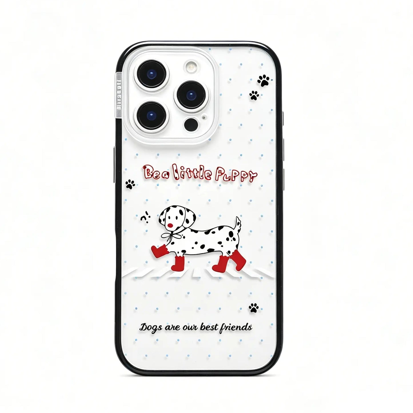 Full back view of the CasePoppi Red Boot Dalmatian Walk phone case showcasing the complete artistic snow scene.