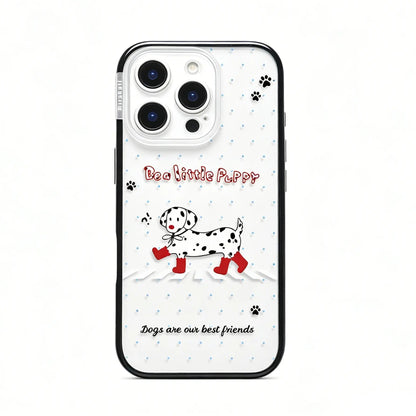 Full back view of the CasePoppi Red Boot Dalmatian Walk phone case showcasing the complete artistic snow scene.