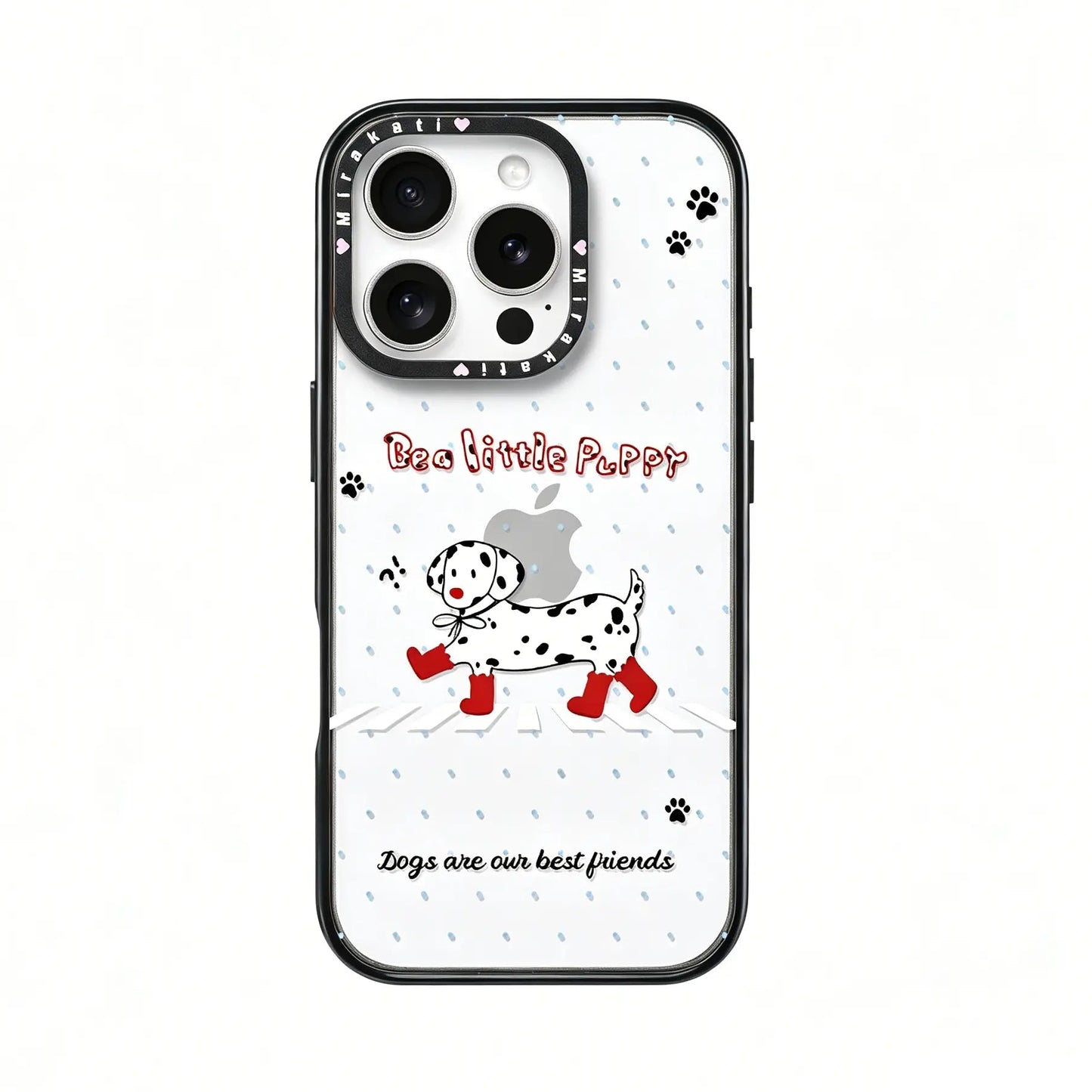 Frontal packaging display of the CasePoppi Red Boot Dalmatian Walk phone case in its official retail box.