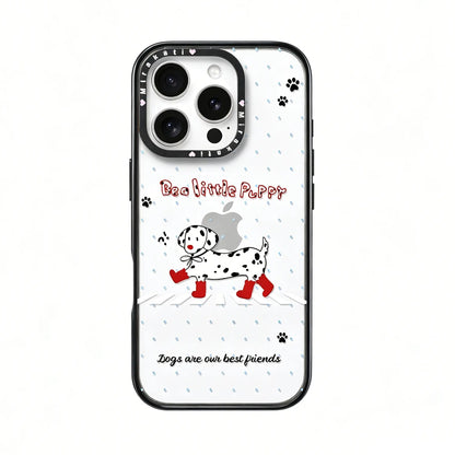 Frontal packaging display of the CasePoppi Red Boot Dalmatian Walk phone case in its official retail box.