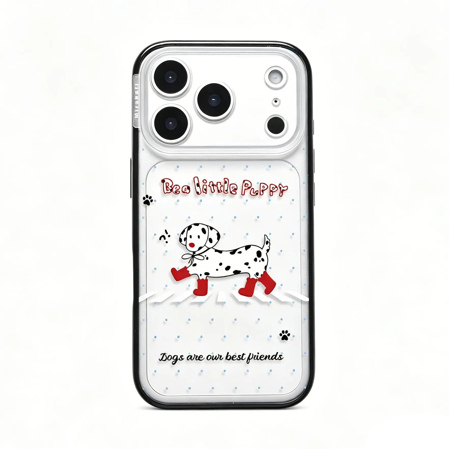 Side view of the CasePoppi Red Boot Dalmatian Walk phone case inside its brand retail packaging with a hanging tag.
