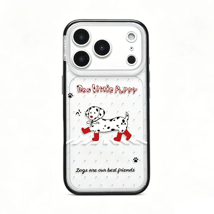 Side view of the CasePoppi Red Boot Dalmatian Walk phone case inside its brand retail packaging with a hanging tag.