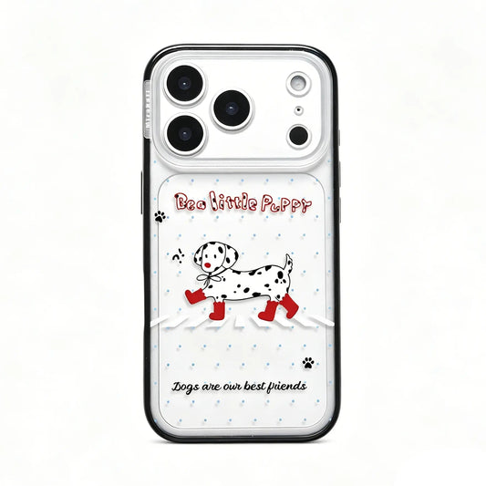 Side view of the CasePoppi Red Boot Dalmatian Walk phone case inside its brand retail packaging with a hanging tag.