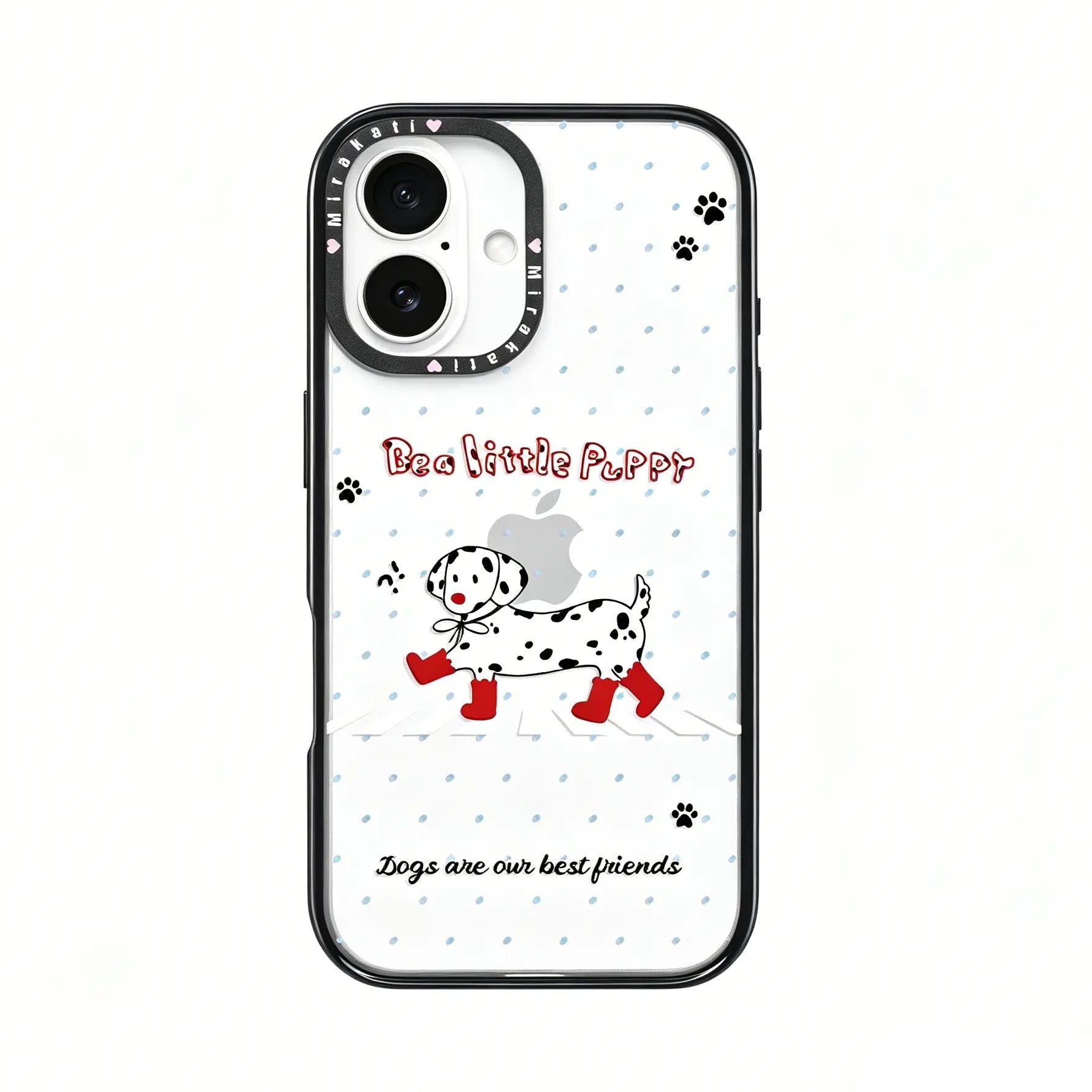 Side angle view of the CasePoppi Red Boot Dalmatian Walk phone case highlighting its protective camera ring.