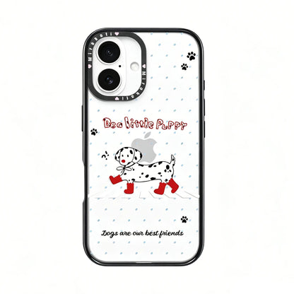 Side angle view of the CasePoppi Red Boot Dalmatian Walk phone case highlighting its protective camera ring.