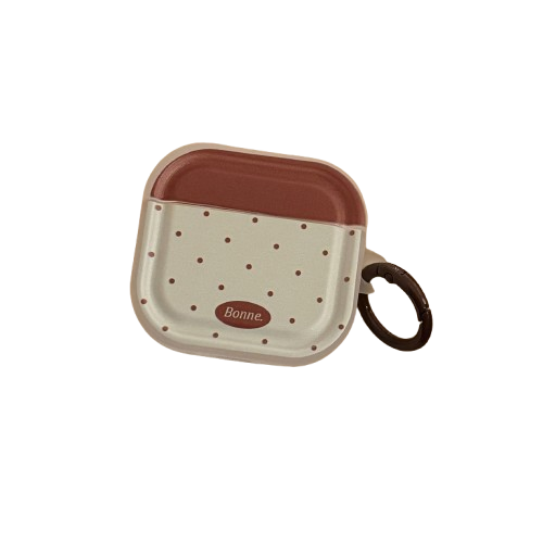 CasePoppi Minimalist Grey Beaded Polka Dot AirPods Case, with a warm brown top and precise red dots, sophisticated retro design.
