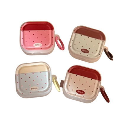 CasePoppi Retro Polka Dot AirPods Case Collection, showcasing Cream, Dusty Pink, Grey, and Beige colorways with elegant gold-rimmed labels.