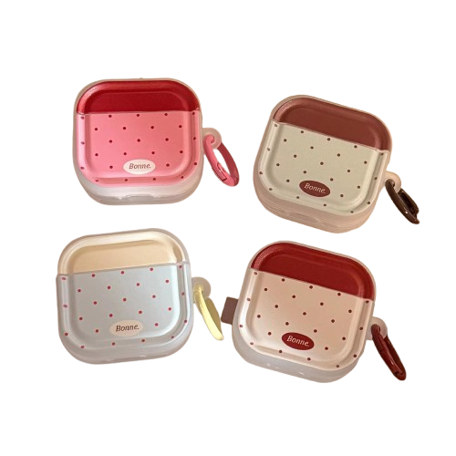 CasePoppi Retro Polka Dot AirPods Case Collection, showcasing Cream, Dusty Pink, Grey, and Beige colorways with elegant gold-rimmed labels.