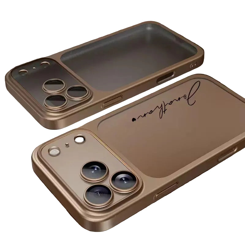 Luxury lifestyle view of rose gold CasePoppi metallic phone cases featuring custom laser-etched signatures.