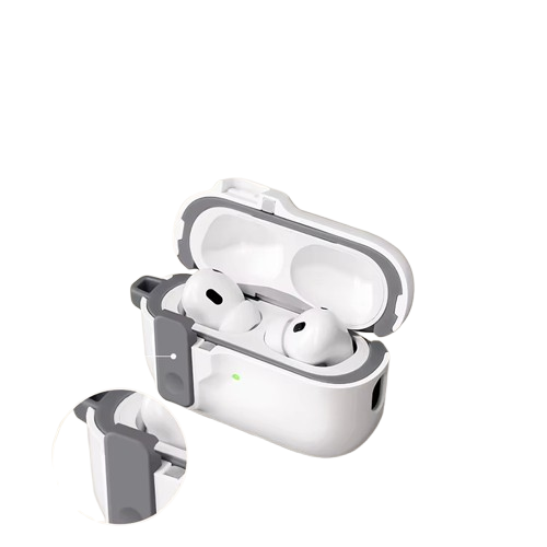 Open view of The Rugged Armor Lock Case, showcasing the secure internal fit for AirPods and the robust locking mechanism for the lid.