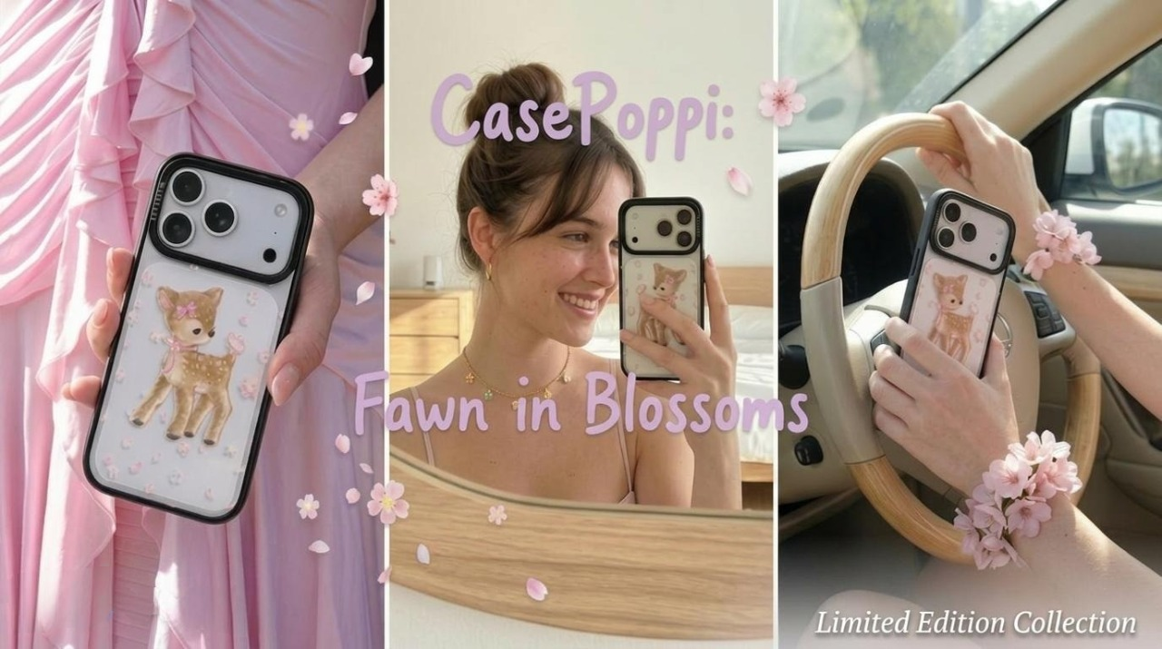 CasePoppi "Shop All" banner featuring a aesthetic fawn in blossoms phone case with lifestyle photography.