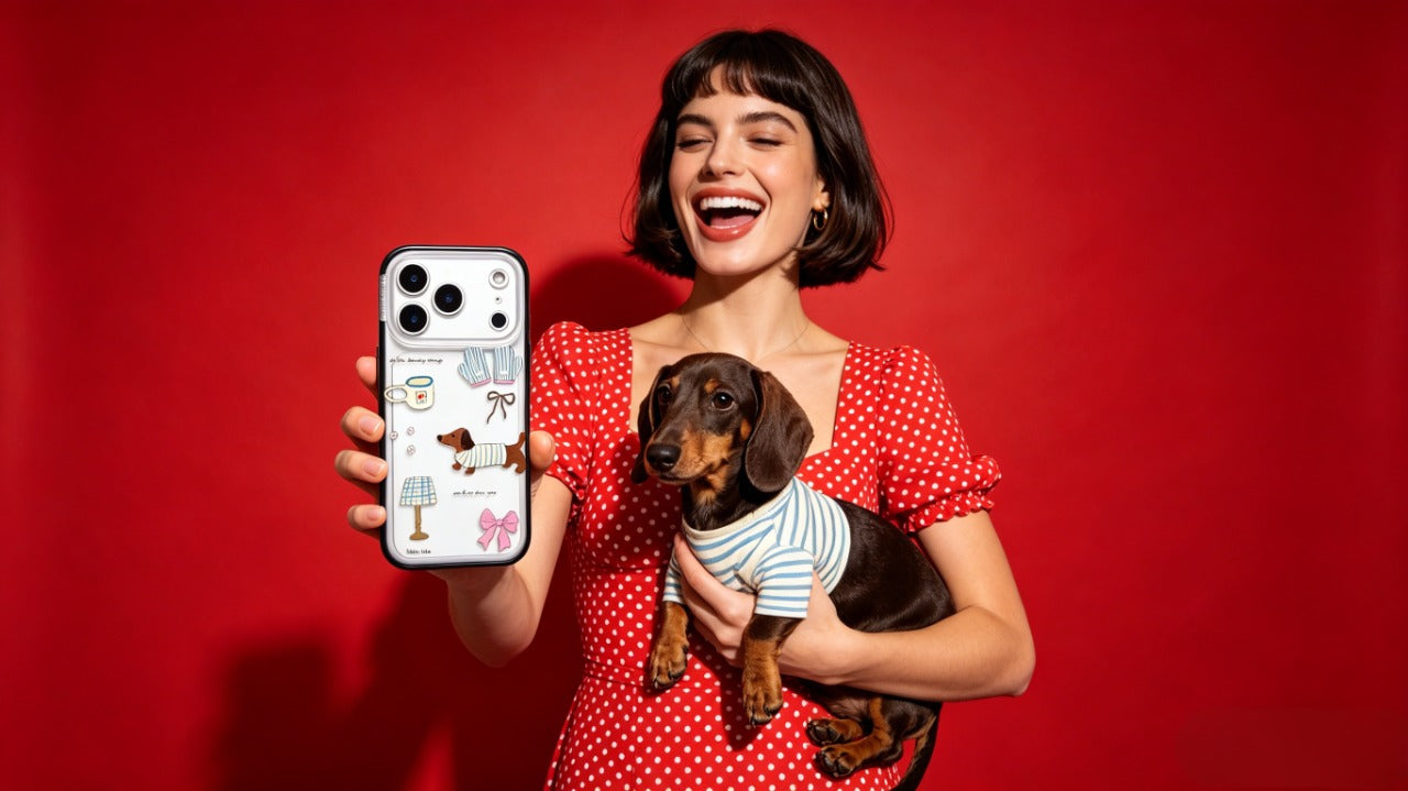 CasePoppi "The Soulful Sanctuary" collection banner featuring a cute dachshund puppy phone case and a lifestyle model.