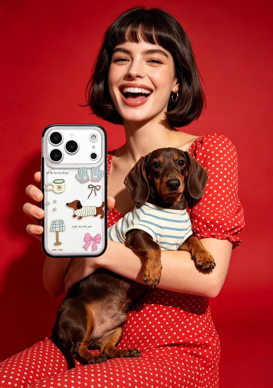 A lifestyle model holding a CasePoppi phone case from the Soulful Sanctuary collection with a cute dog.