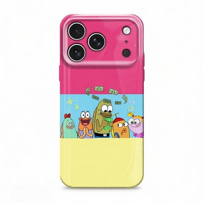 CasePoppi SpongeBob SquarePants and friends themed phone case with a vibrant pink, blue, and yellow color block design.