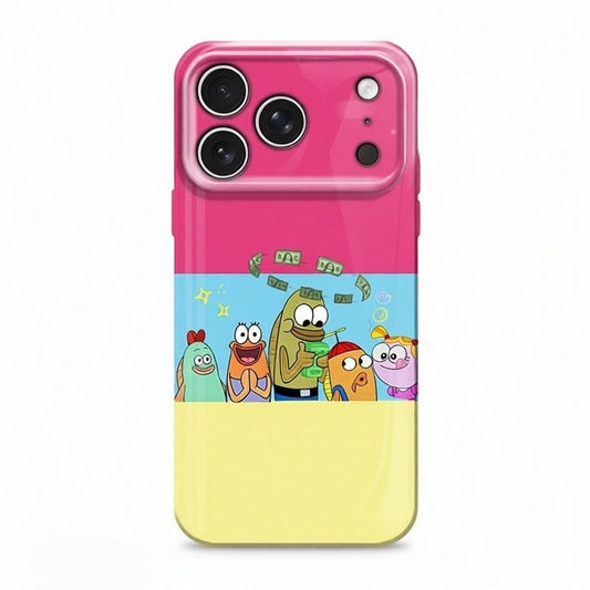 CasePoppi SpongeBob SquarePants and friends themed phone case with a vibrant pink, blue, and yellow color block design.