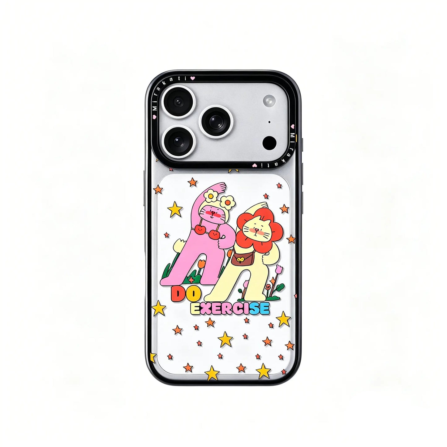 A colorful iPhone case from CasePoppi featuring two cartoon characters doing exercise with yellow and orange stars on a clear background.