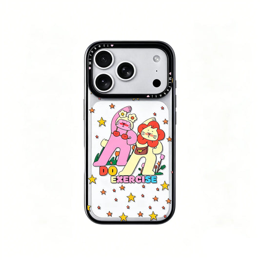 A colorful iPhone case from CasePoppi featuring two cartoon characters doing exercise with yellow and orange stars on a clear background.