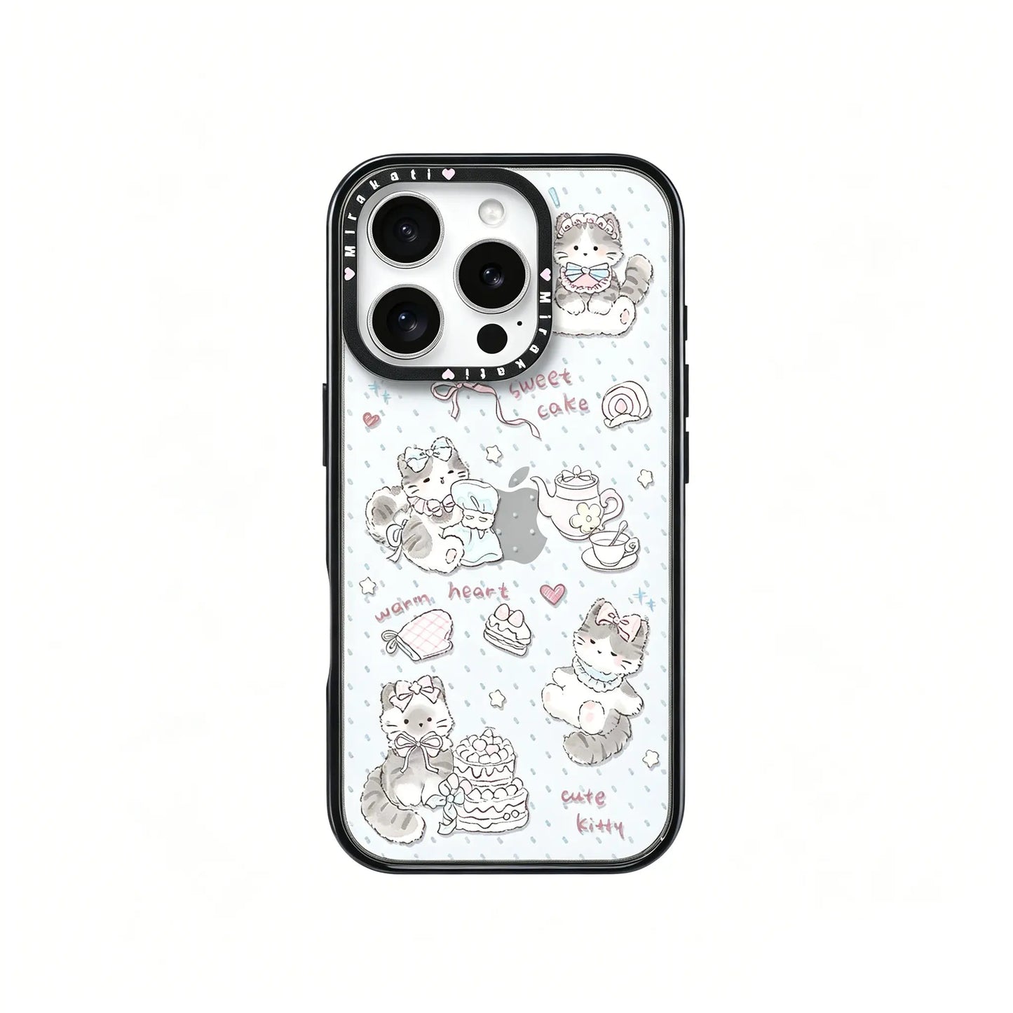 Close-up detail of the CasePoppi phone case showcasing the high-quality vibrant kitten and tea party character art.