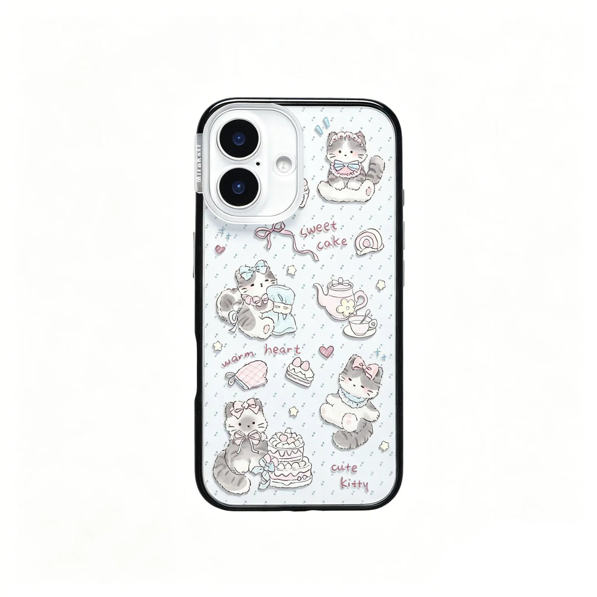 Frontal view of the CasePoppi Sweet Kitten Tea Party phone case in its premium brand retail packaging.