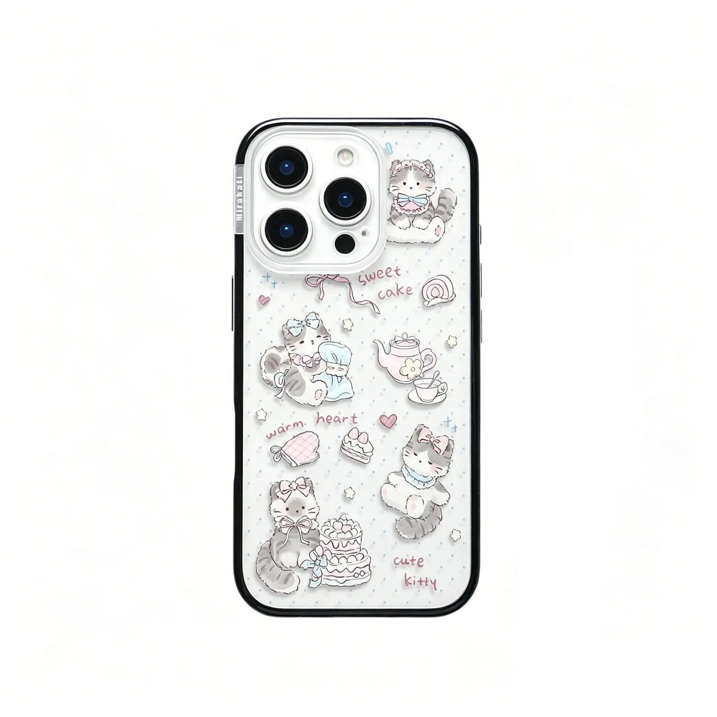 Full back view of the CasePoppi Sweet Kitten Tea Party phone case highlighting the complete artistic character collage.