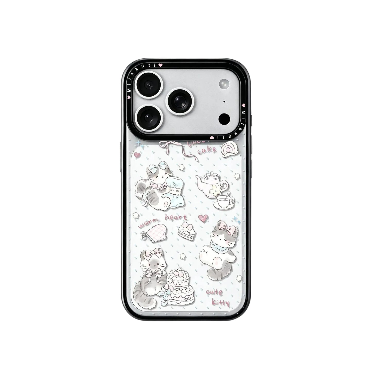 CasePoppi aesthetic phone case featuring a cute kitten tea party illustration with vibrant colors and artistic doodles.