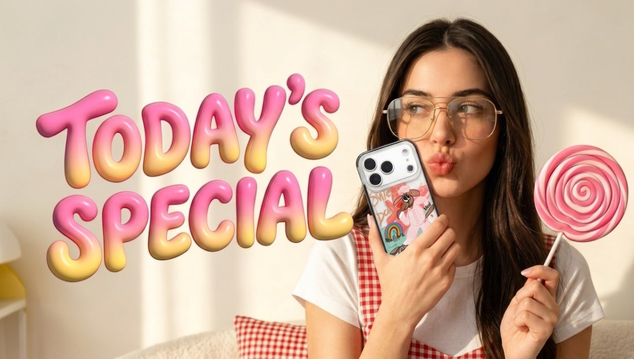 CasePoppi wide desktop homepage hero banner featuring a stylish woman with a cute phone case and a pink lollipop for 'Today's Special' promotion.