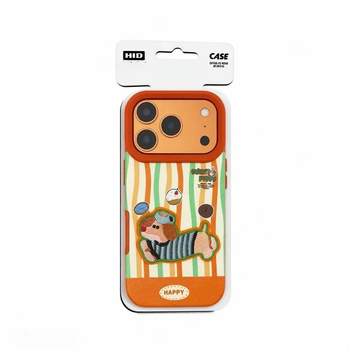 Retail-ready CasePoppi Treat Time Companion phone case showcased in its elegant hanging box.