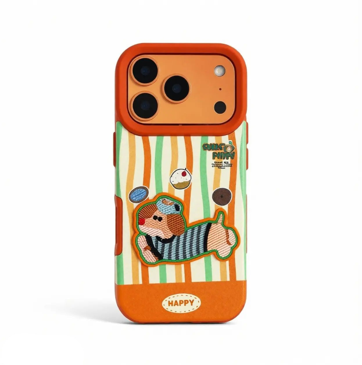 CasePoppi vibrant orange phone case featuring a playful puppy and colorful striped pattern.
