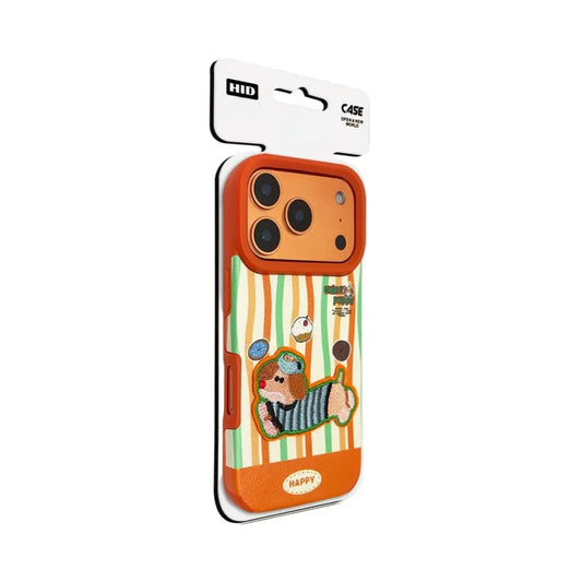 Cute embroidered puppy with cupcake and dessert motif on an orange striped phone case.