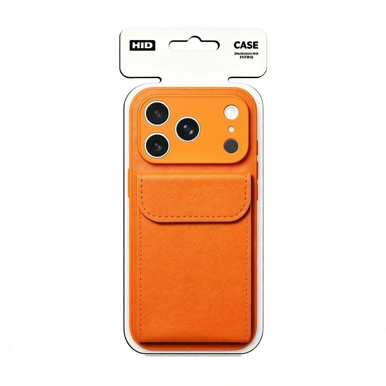 Frontal packaging display of the CasePoppi Vibrant Orange leather folio phone case for retail presentation.