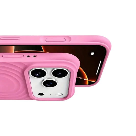 Detail shot of a CasePoppi Candy Pink wave case showing precise button cutouts and the protective ripple texture.