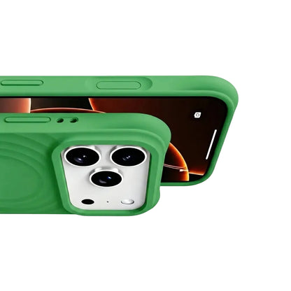 Detail shot of a CasePoppi Forest Green wave case showing precise button cutouts and the protective ripple texture.